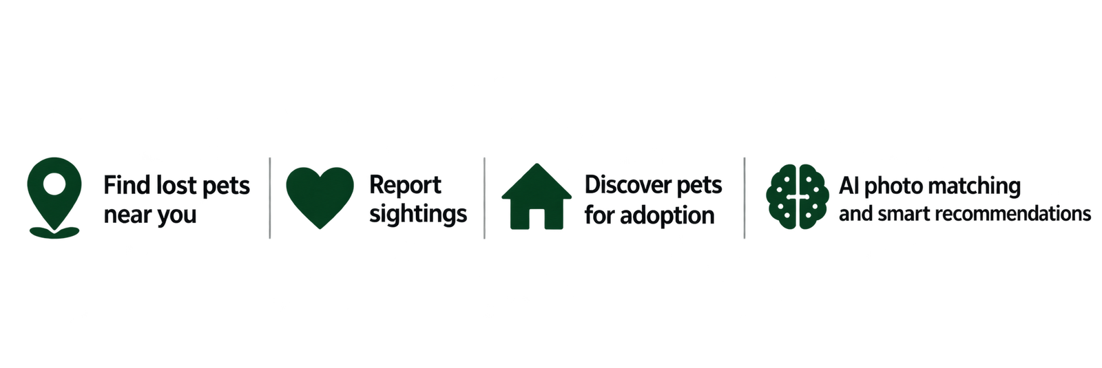 Find lost pets, report sightings, discover pets for adoption, AI photo matching and smart recommendations